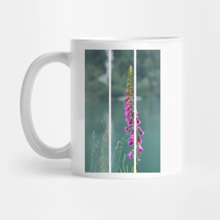 Wonderful landscapes in Norway. Blooming colorful lupine flowers in Norway in the wild grass. Blur background. Summer cloudy day(vertical) Mug